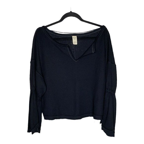 Free People Top Size S Women's Waffle Knit DAHLIA Black Long Bell Sleeves Blouse - Picture 1 of 10